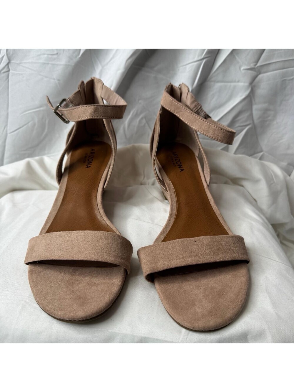 Arizona Jean Co Wedge Sandals Womens 10 Taupe Faux Suede Ankle Strap Zip